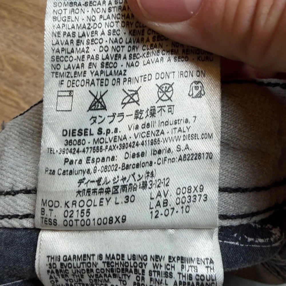 Diesel Krooley Jeans Mens 33x30 Gray Slim Carrot Distressed Made in Italy 008X9
